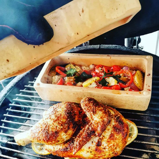 Half chicken on vegetables with feta by @spicy_mountain.bbq